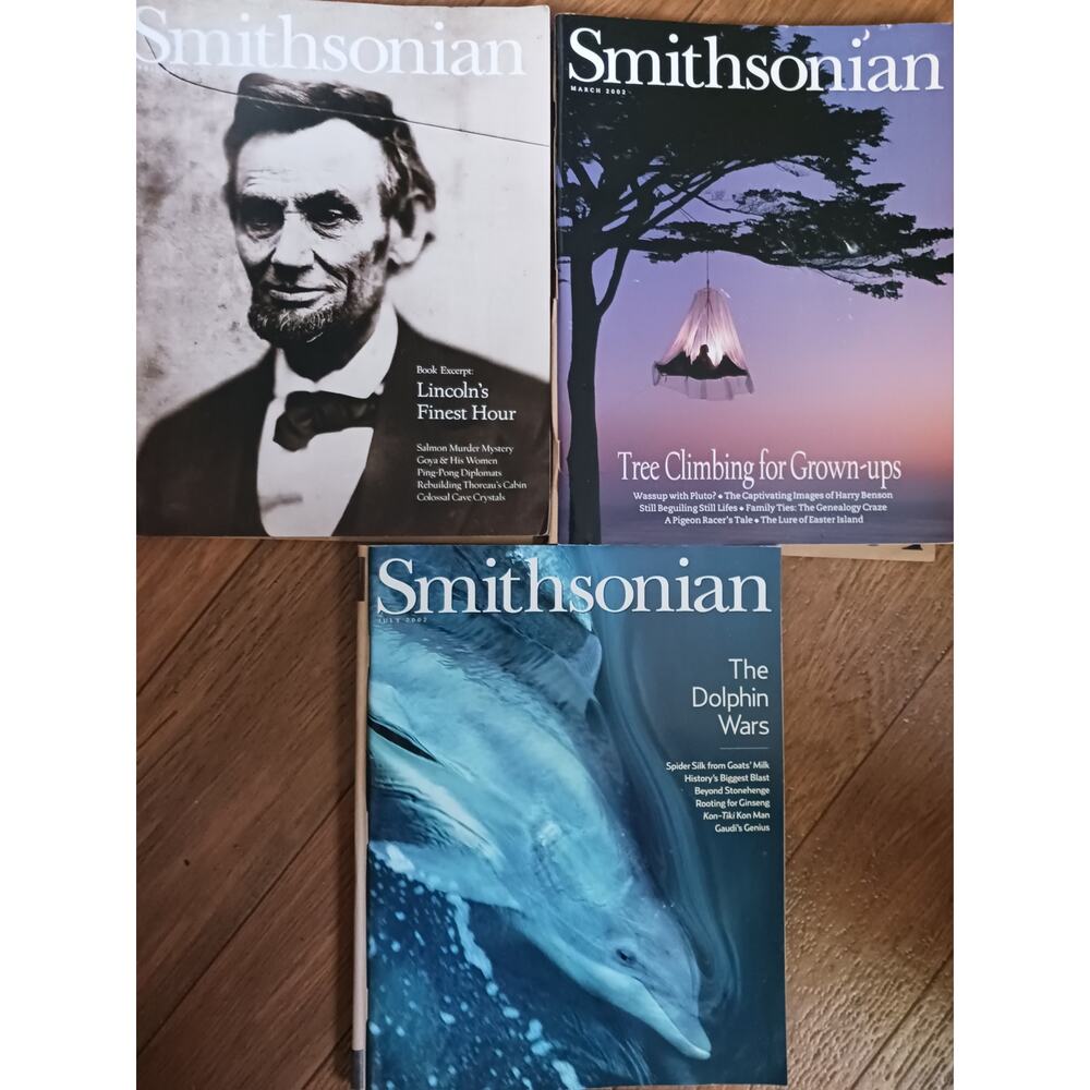 Lot of 3 Smithsonian Magazines 2002, Lincoln, Dolphins, Tree Climbing